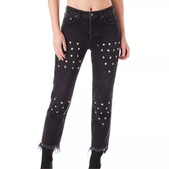 CARMAR Emelia Sturgis Spiked Straight Leg Frayed Goth Jeans Black Size 25 - Picture 1 of 10